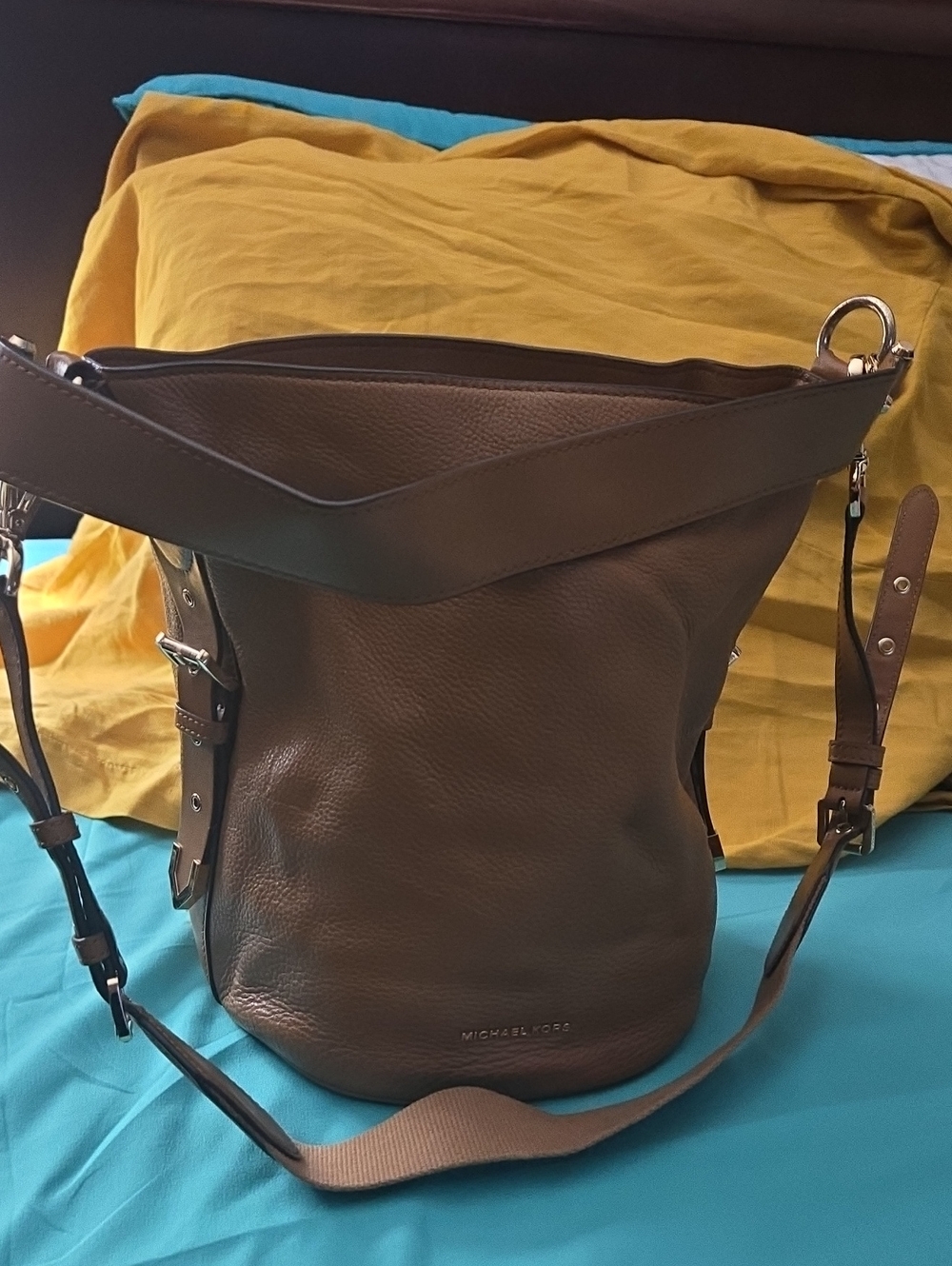 Michael Kors Olive Brown Pebbled Leather Messenger Bag